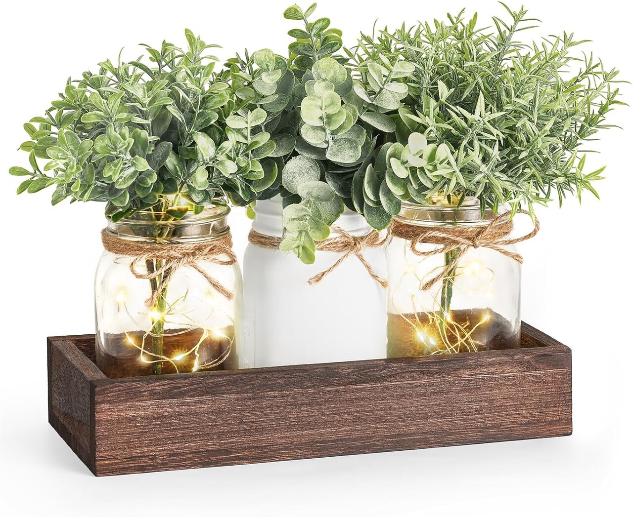 Mason Jar Lights Table Centerpiece with Faux Eucalyptus – Christmas & Everyday Decor for Home